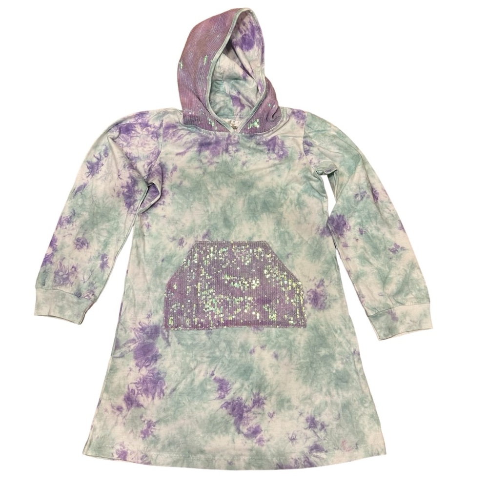 Rare Editions Girls Purple/Green L/S Tie-Dye Hoodie Sequin T-shirt Dress, Sz 6x